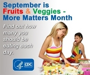 Fruit and Veggies Month Badge, mother and child cooking