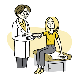 Cartoon of a doctor examining a rash on a woman's arm.