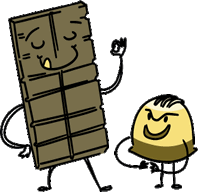 Cartoon of a smiling dark chocolate bar and a sinister chocolate truffle. 