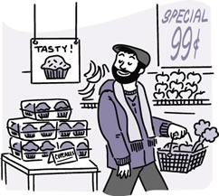 Cartoon of a man bypassing cupcakes and carrying a shopping basket filled with produce.