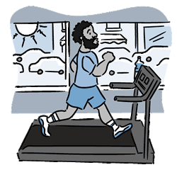 Cartoon of a man running indoors on a treadmill, with traffic visible through window.