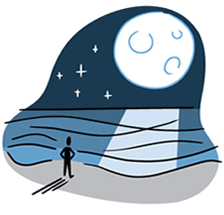 Cartoon of a person standing on a moonlit beach