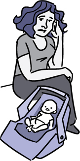 Cartoon of an unhappy mom and her infant.