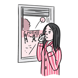 Illustration of a sick girl, with a red nose and a tissue, looking out the window at kids playing ball in the sunshine.