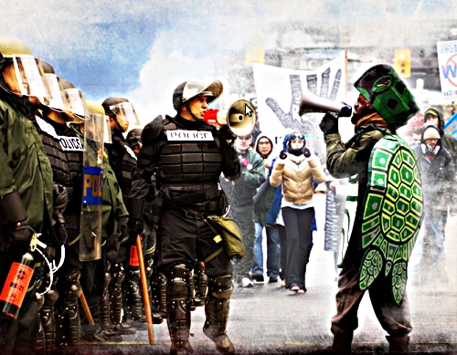 Picture from Battle In Seattle film - protesters in costumes carrying megaphones