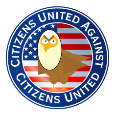 An angry eagle inside the Citizens United Against Citizens United insignia.
