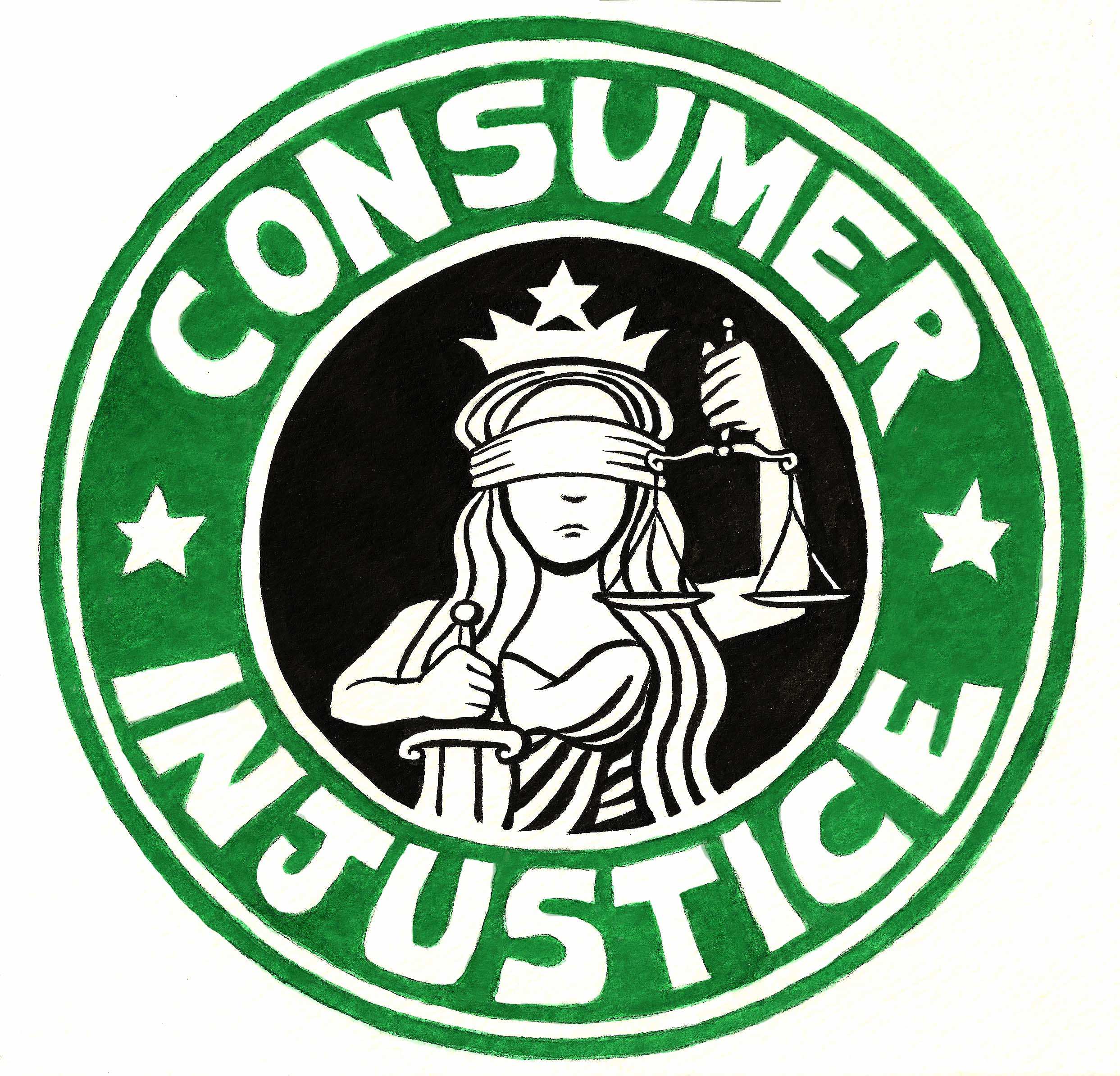 spoof of Starbucks logo with siren as blind justice