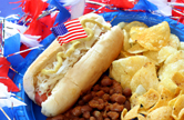 A hot dog, beans and potato chips.