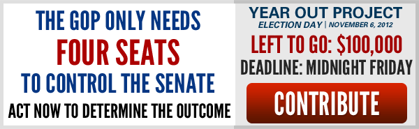 The GOP only needs four seats to control the Senate. Act now to determine the outcome in 2012. Left to go: $100,000 Deadline: Midnight Friday. Contribute. 