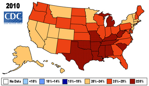 Map of 2010 obesity rates. For data, see www.cdc.gov/obesity/data/trends.html