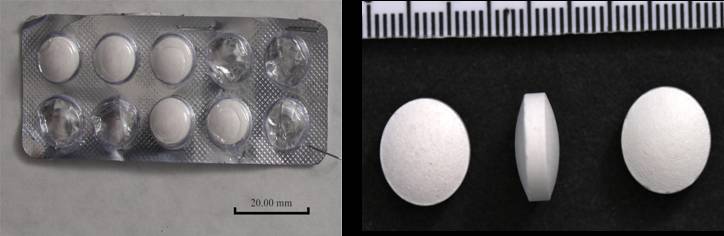 Pictures of the counterfeit version of Teva's Adderall 30 mg tablets and packaging. The counterfeit Adderall tablets are round, white and do not have any type of markings, such as letters or numbers.
