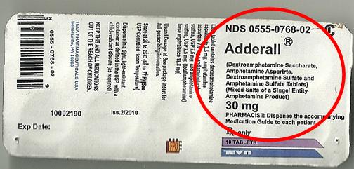 Counterfeit Adderall label. There are misspellings on the package as follows: 